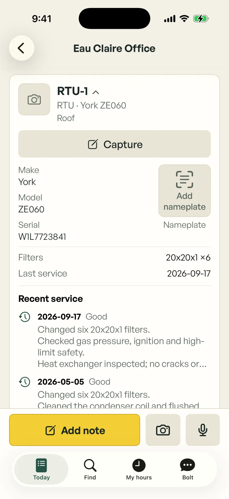 RTU-1 in the Field app: a York ZE060 on the roof, its serial number and filters, last serviced September 17, and its recent service history.