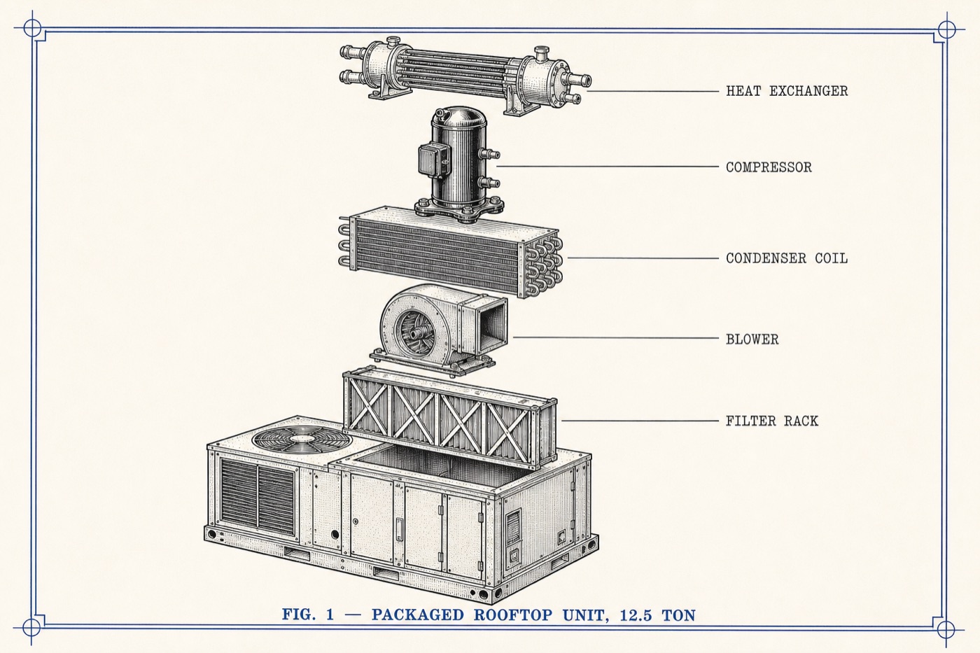 Engraved exploded-view drawing of a packaged rooftop unit: compressor, condenser coil, blower, filter rack, heat exchanger