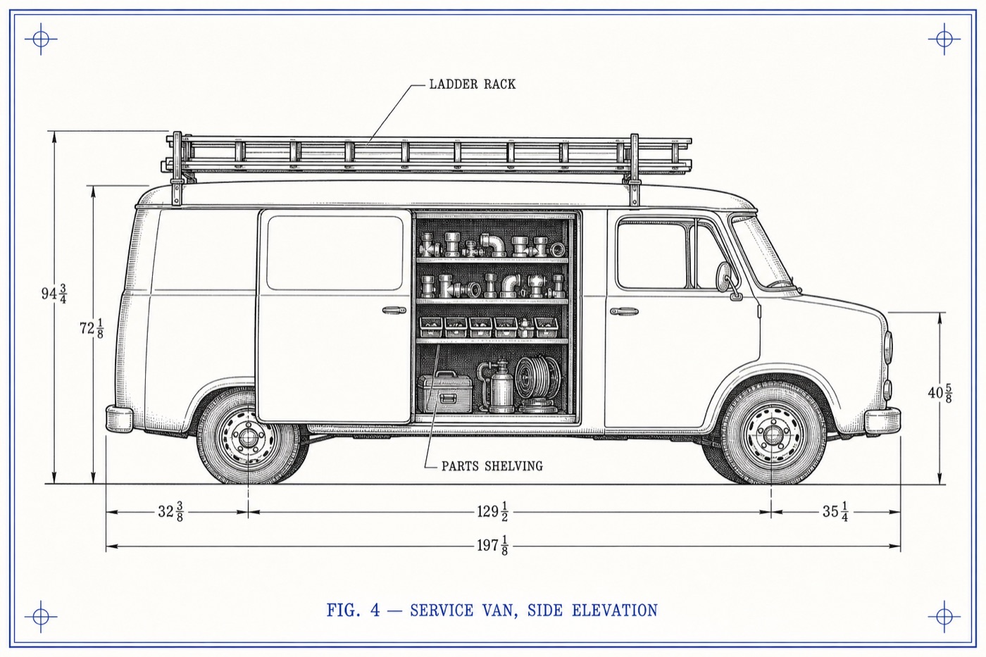 Engraved side-elevation drawing of a heating and cooling service van with ladder rack and parts shelving, drawn with dimension lines